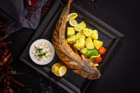 Fried pike-perch -whole with buttered potatoes, lemon and Gribiche sauce (100 gr / HUF) - 